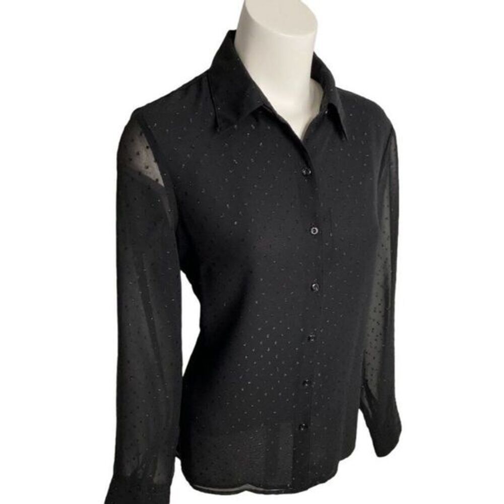 Karen Scott Black Button Down Top Blouse Swiss Dot‎ Chiffon Sz Medium